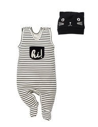 Zestaw śpiochy ecru w paski + czapeczka kotek Happy Day